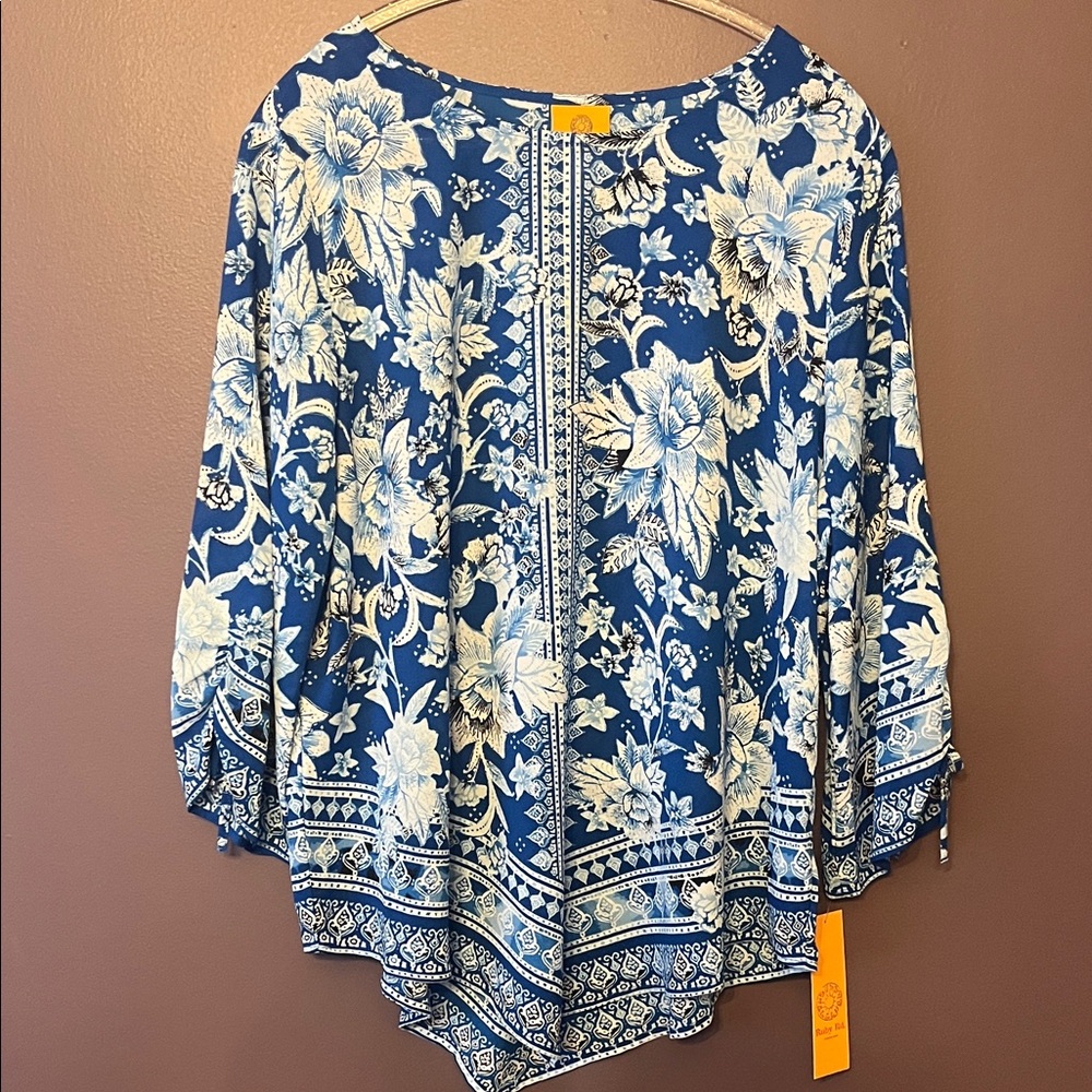 Ruby Rd Floral Blue Women's Large Top NWT